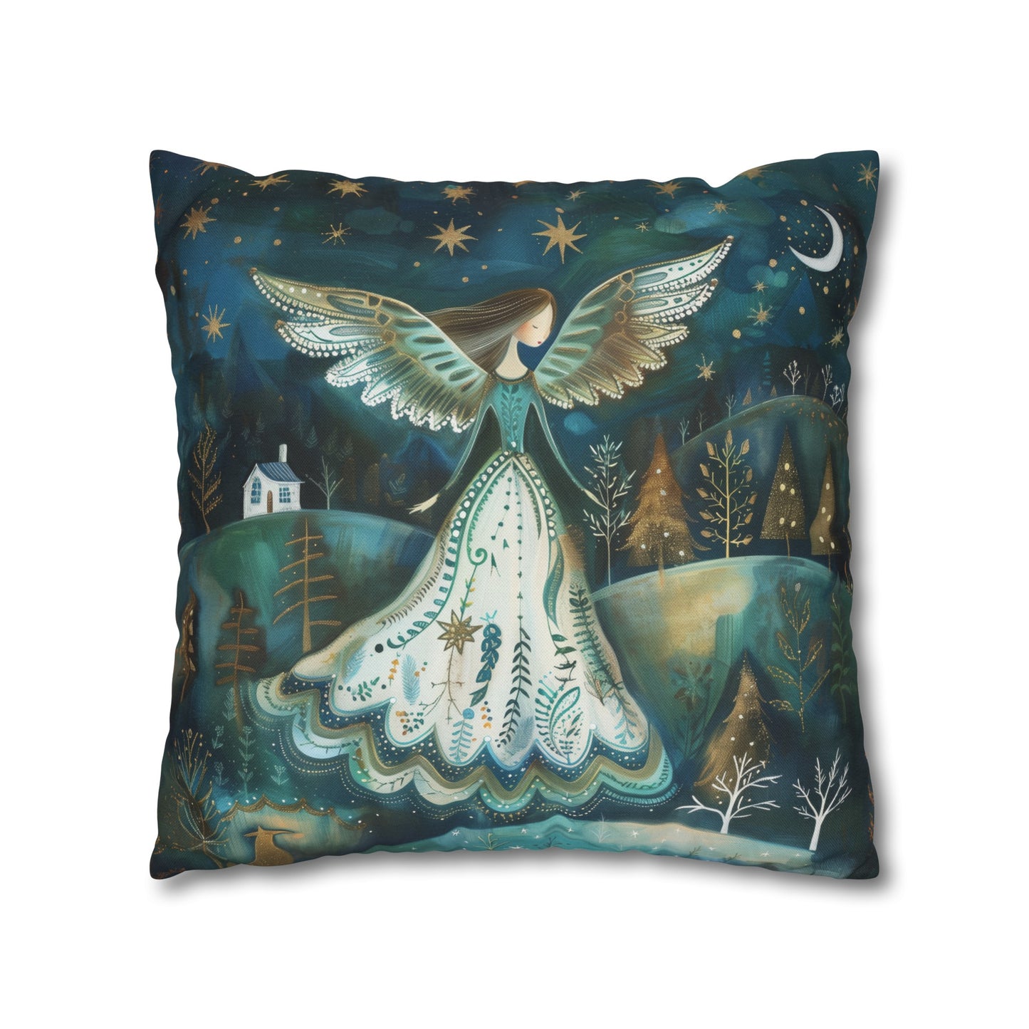 Starry Serenade: Angel in Flowing Dress Amidst a Starry Night Spun Polyester Square Pillowcase 4 Sizes