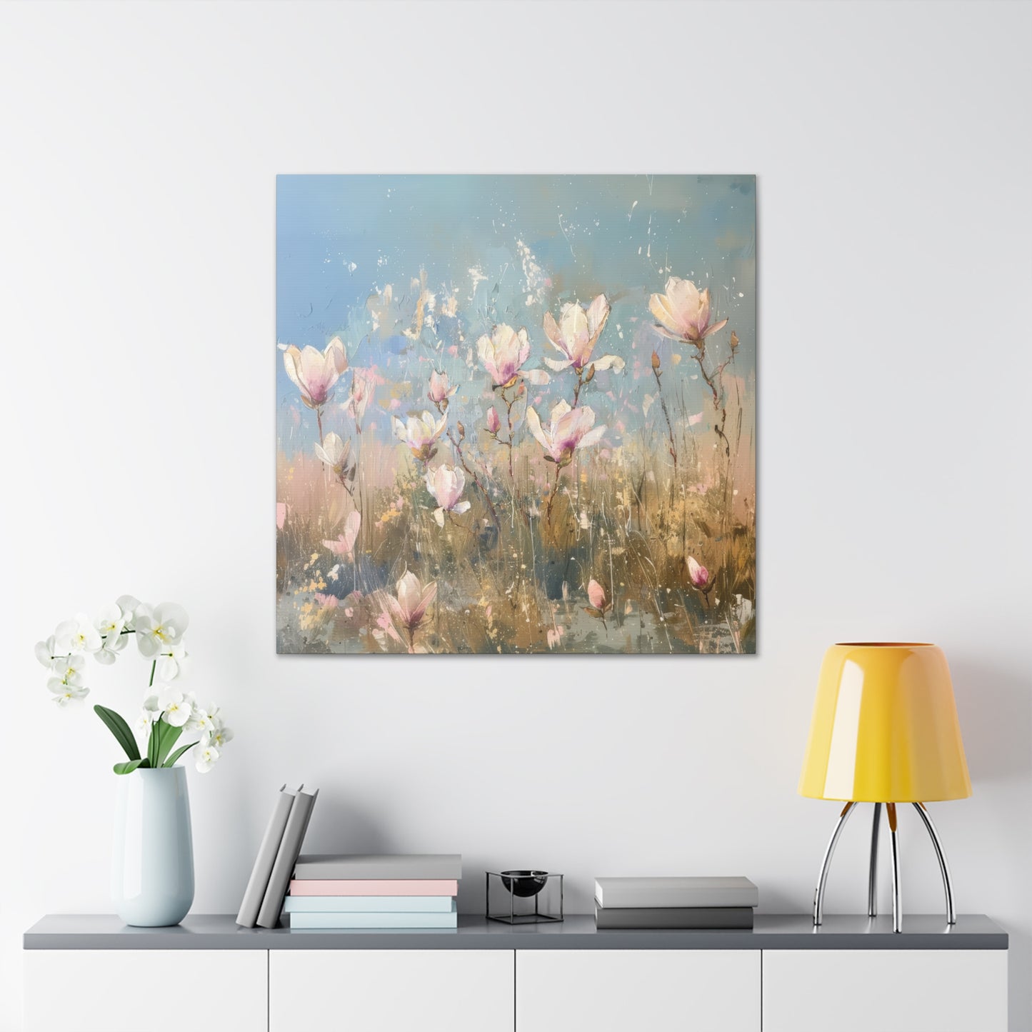 Gentle Spring Serenity: Soft White and Pink Wildflowers Blooming in a Sunlit Field Print on Canvas Gallery Wraps  - 5 Sizes