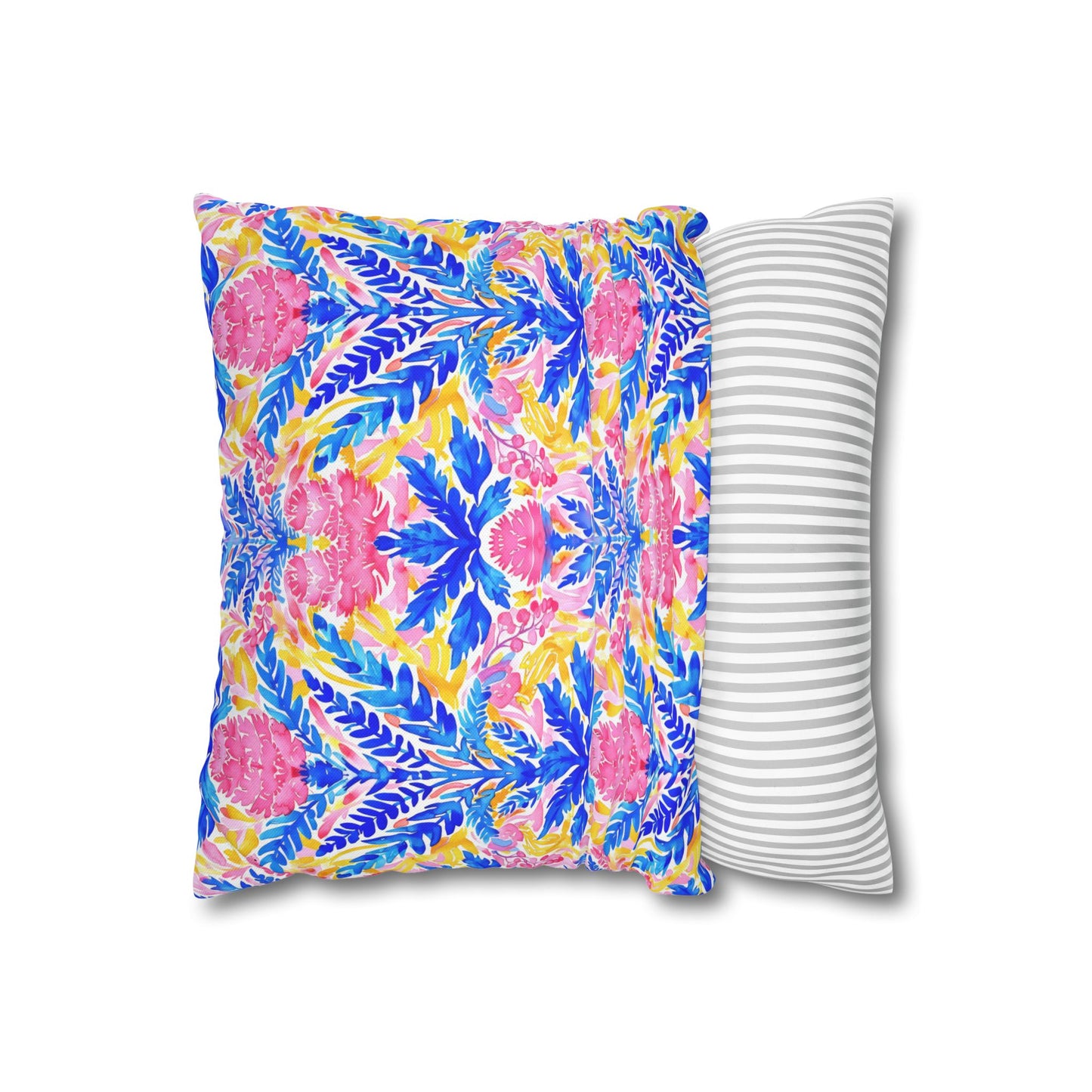 Tropical Watercolor Blooms in Vibrant Pinks and Blues Spun Polyester Square Pillowcase 4 Sizes