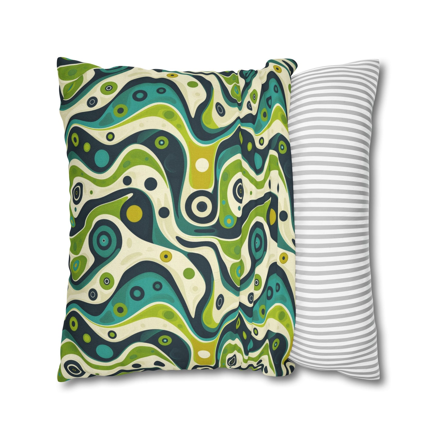 Groovy Retro Greens and Blues Abstract Waves Spun Polyester Square Pillowcase 4 Sizes