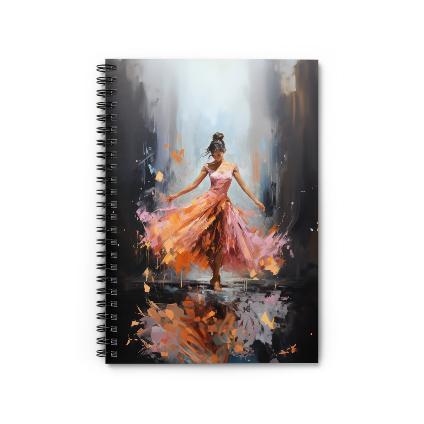 Swirling Splendor: Ballerina in Orange and Pink Dress Dancing Amidst the Reflecting Rain Print - Spiral Notebook Ruled Line 6"x8"