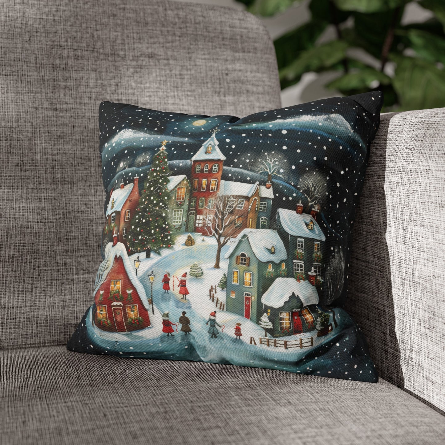 Midnight Magic: Winter Town Aglow with Christmas Decorations and Tree Spun Polyester Square Pillowcase 4 Sizes