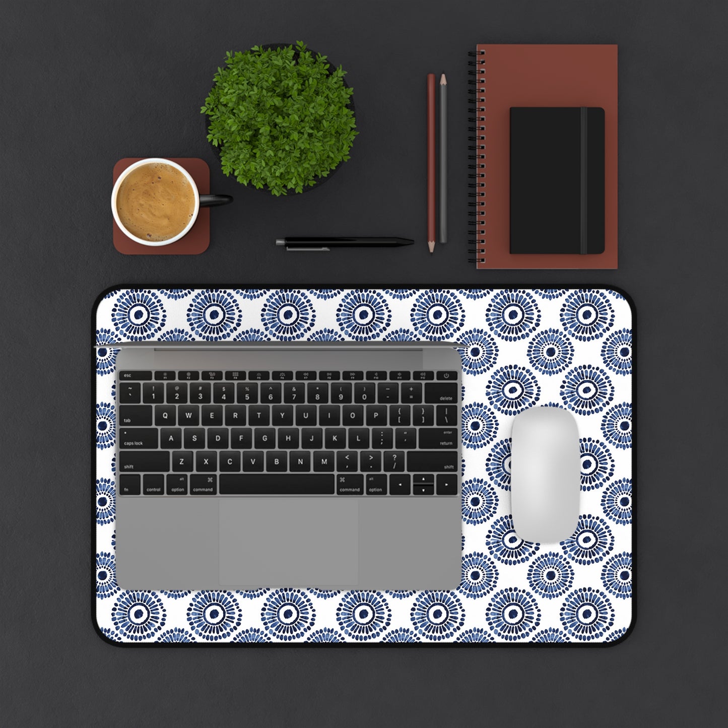 Indigo Sunburst Simple Folk-Inspired Dot Pattern Design Extended Gaming Mouse Pad  Desk Mat  - 3 Sizes