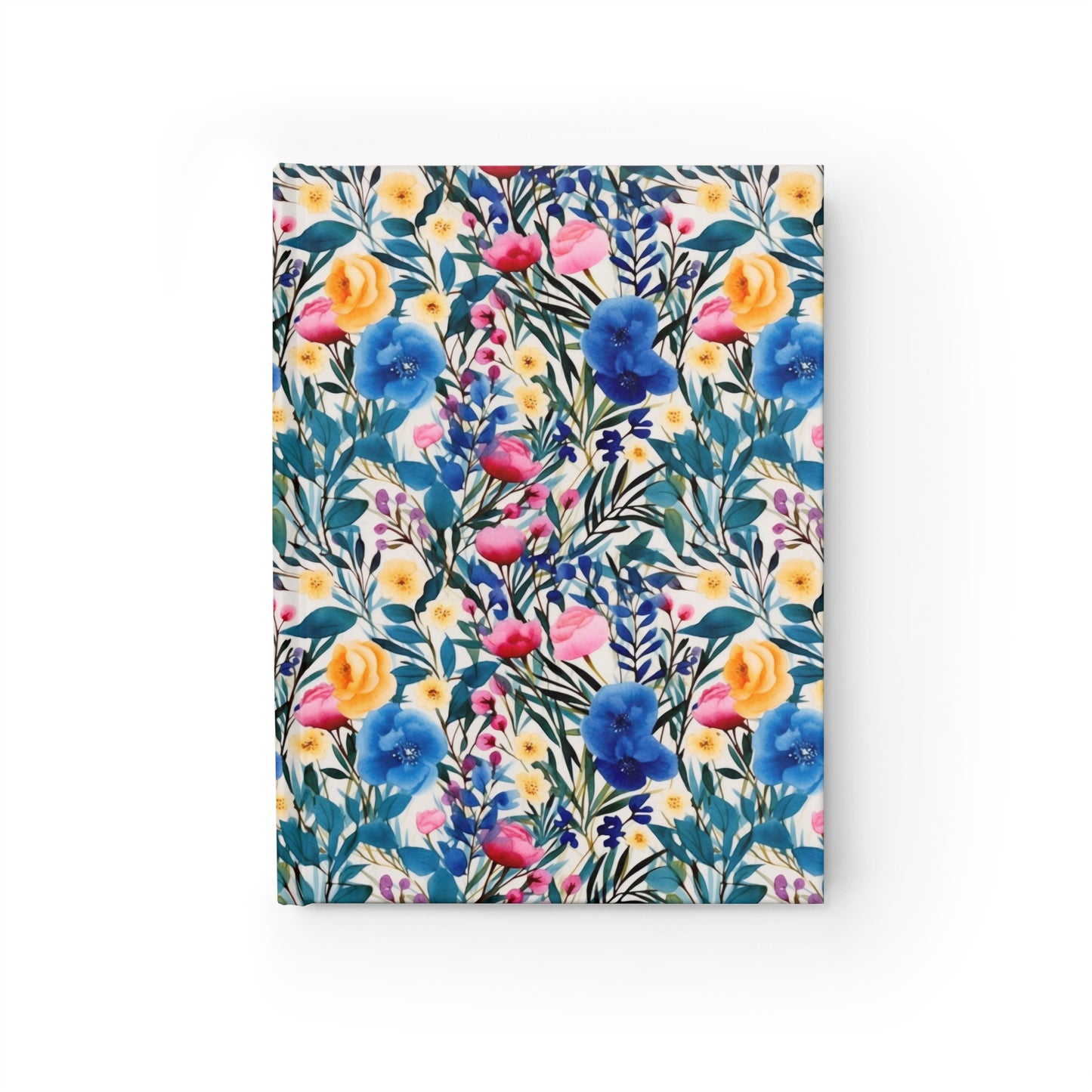 Blooming Brilliance: Large Watercolor Floral Design in Blue, Yellow, and Pink - Hardcover Ruled Line Journal 5" x 7"