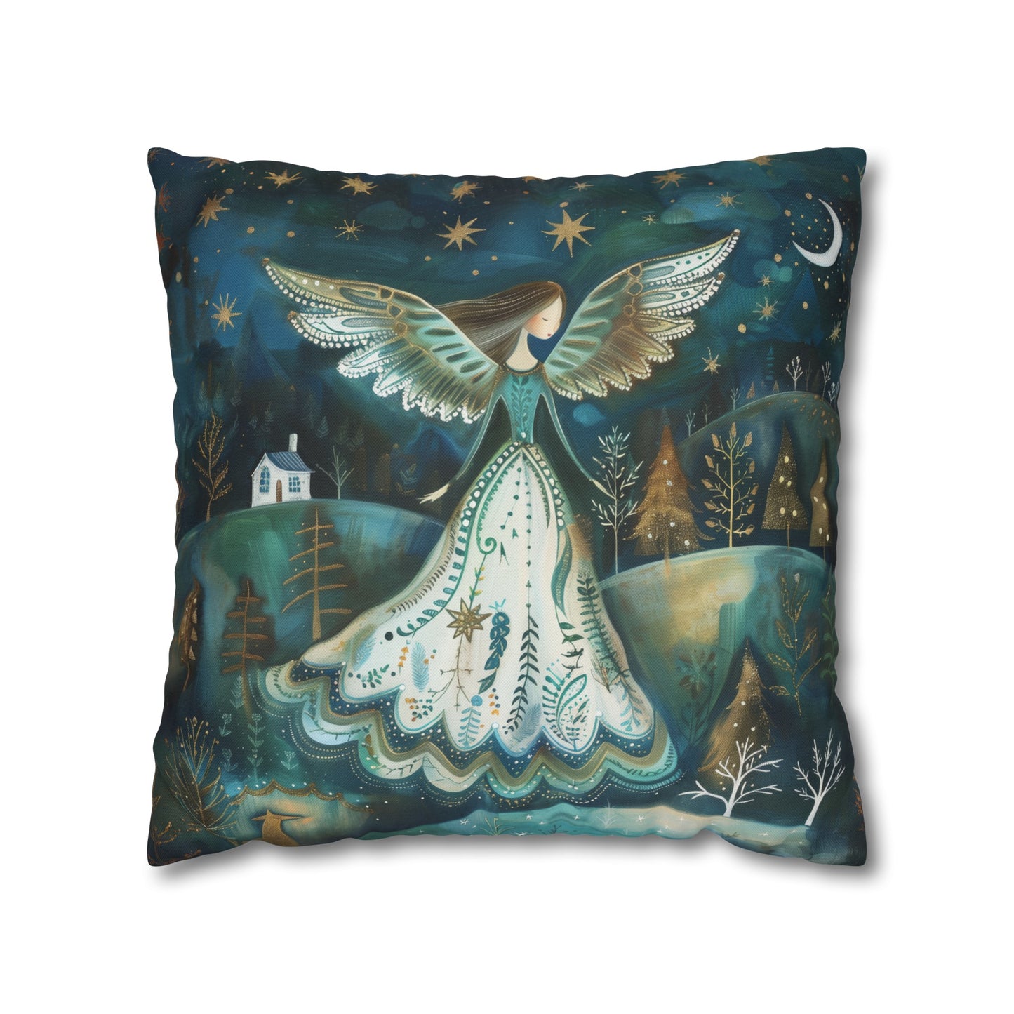 Starry Serenade: Angel in Flowing Dress Amidst a Starry Night Spun Polyester Square Pillowcase 4 Sizes