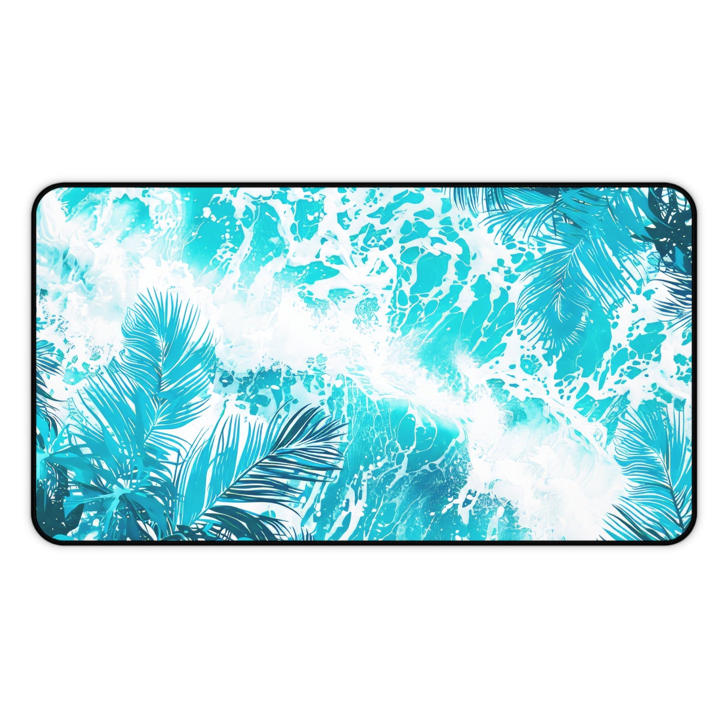 Tropical Serenity Lush Palm Leaves Interwoven with Foaming Sea Waves Rich Teal Tones Extended Gaming Mouse Pad  Desk Mat  - 3 Sizes