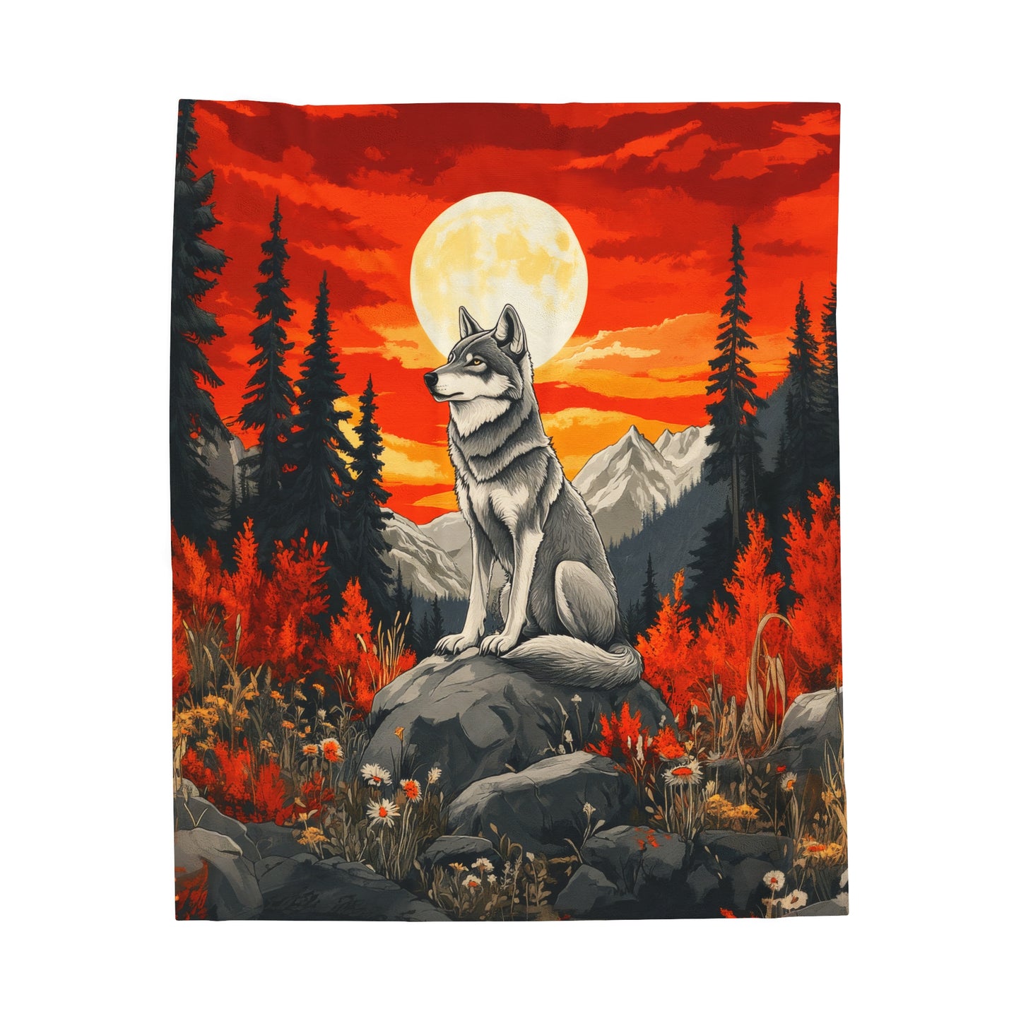 Majestic Lone Wolf at Twilight Under a Full Moon in Autumn Forest Velveteen Plush Blanket 3 Sizes