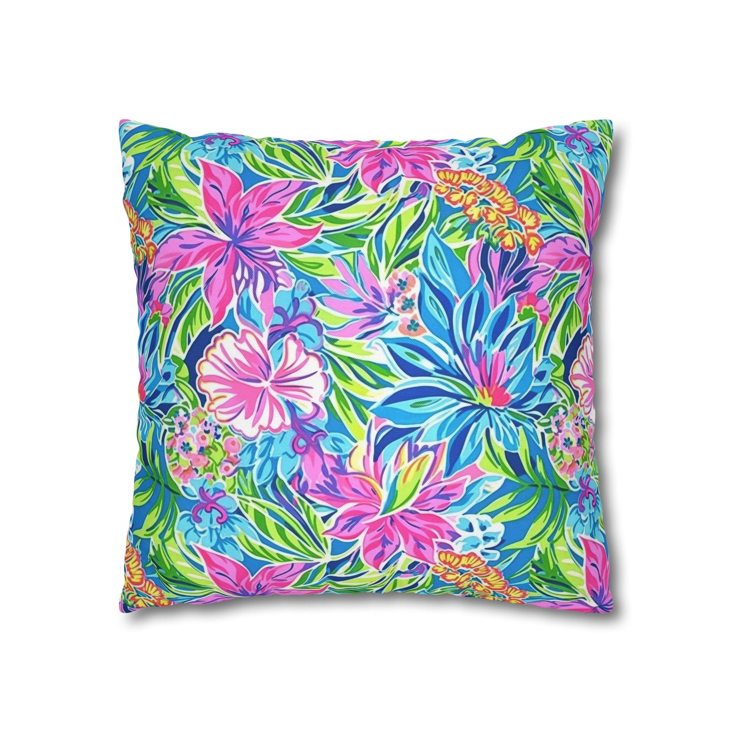 Summer Harmony: Pink and Blue Blooms with Lush Green Leaves Spun Polyester Square Pillowcase 4 Sizes