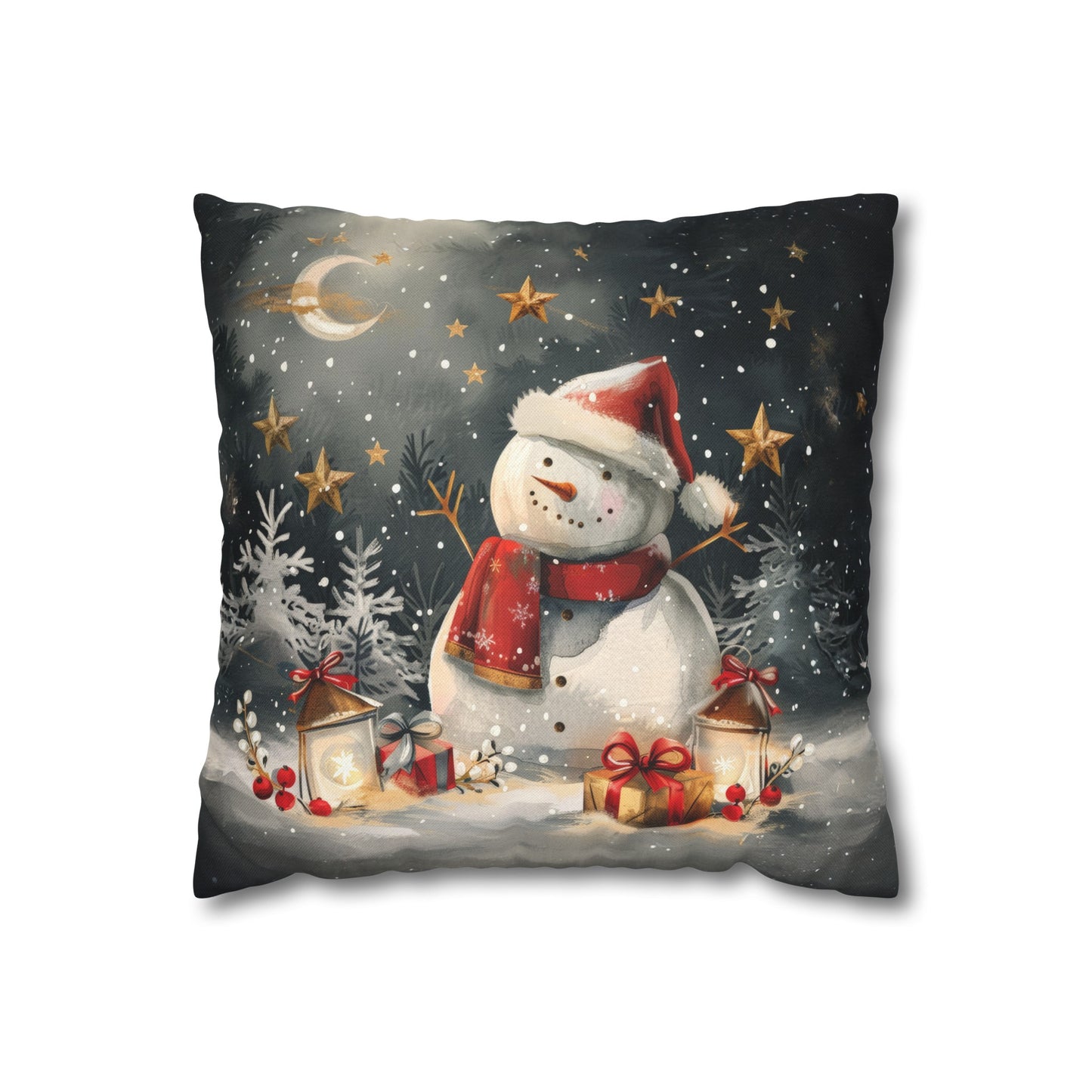 Snowman Beneath a Canopy of Stars, Surrounded by Presents Spun Polyester Square Pillowcase 4 Sizes