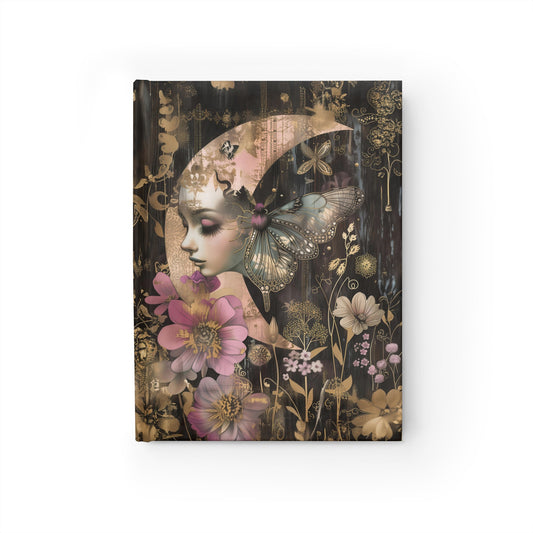 Mystical Lady in the Crescent Moon Celestial Pink Flowers and Butterflies - Hardcover Ruled Line Journal 5" x 7"