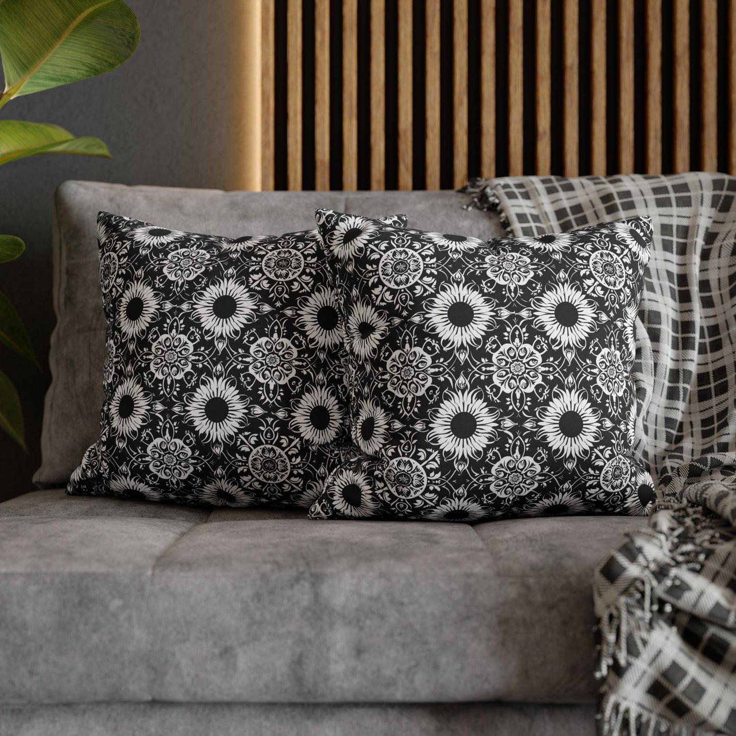 Elegant Mandala Design with Black and White Sunflowers Spun Polyester Square Pillowcase 4 Sizes