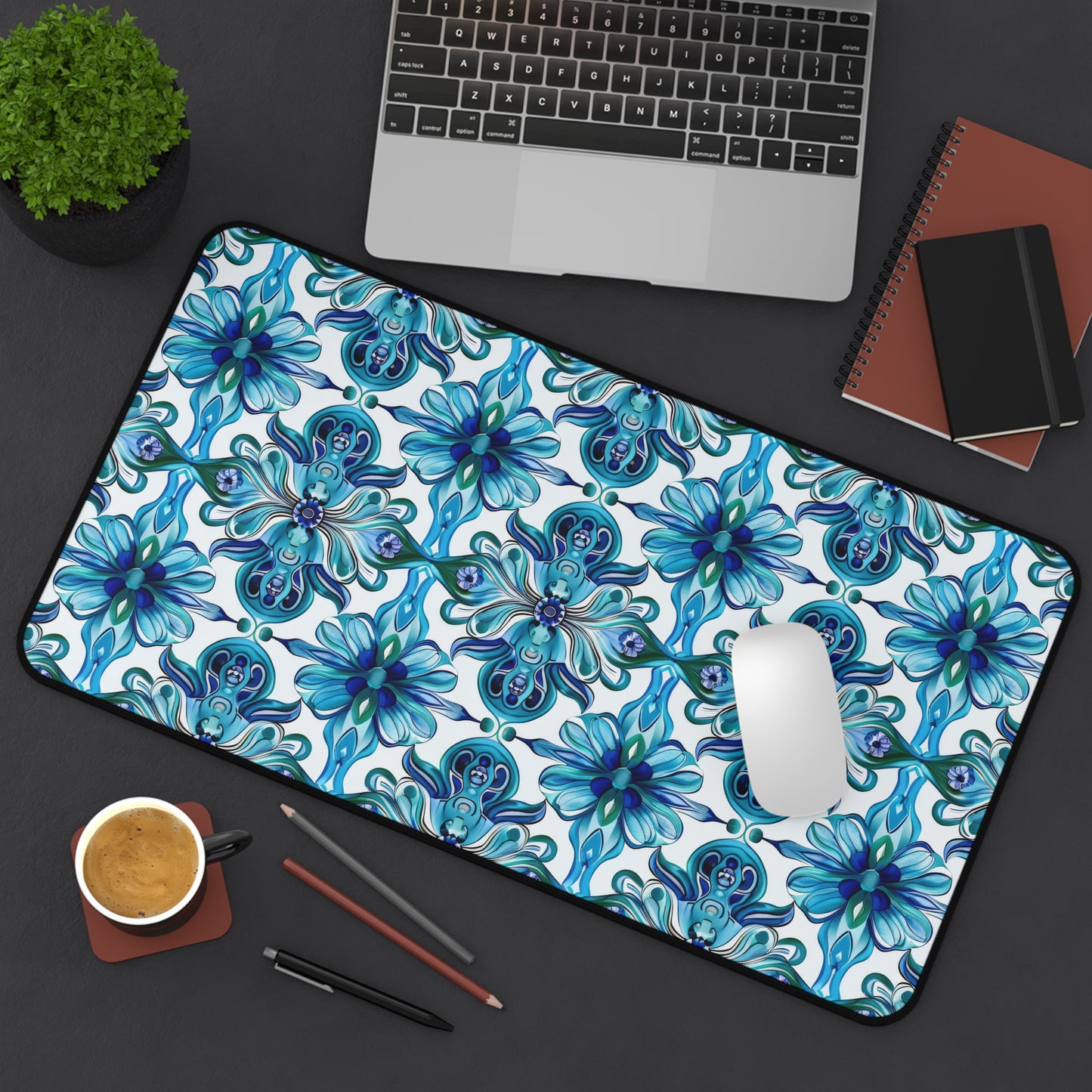 Vibrant Tapestry of Teal and Blue Flowers Extended Gaming Mouse Pad  Desk Mat  - 3 Sizes