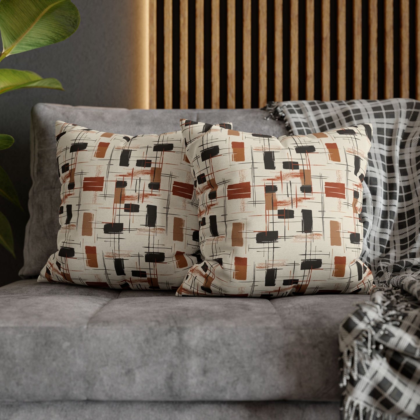 Modern Artistry in Bold and Minimalistic Pattern in a Palette of Black, Dark Orange, and Beige Spun Polyester Square Pillowcase 4 Sizes