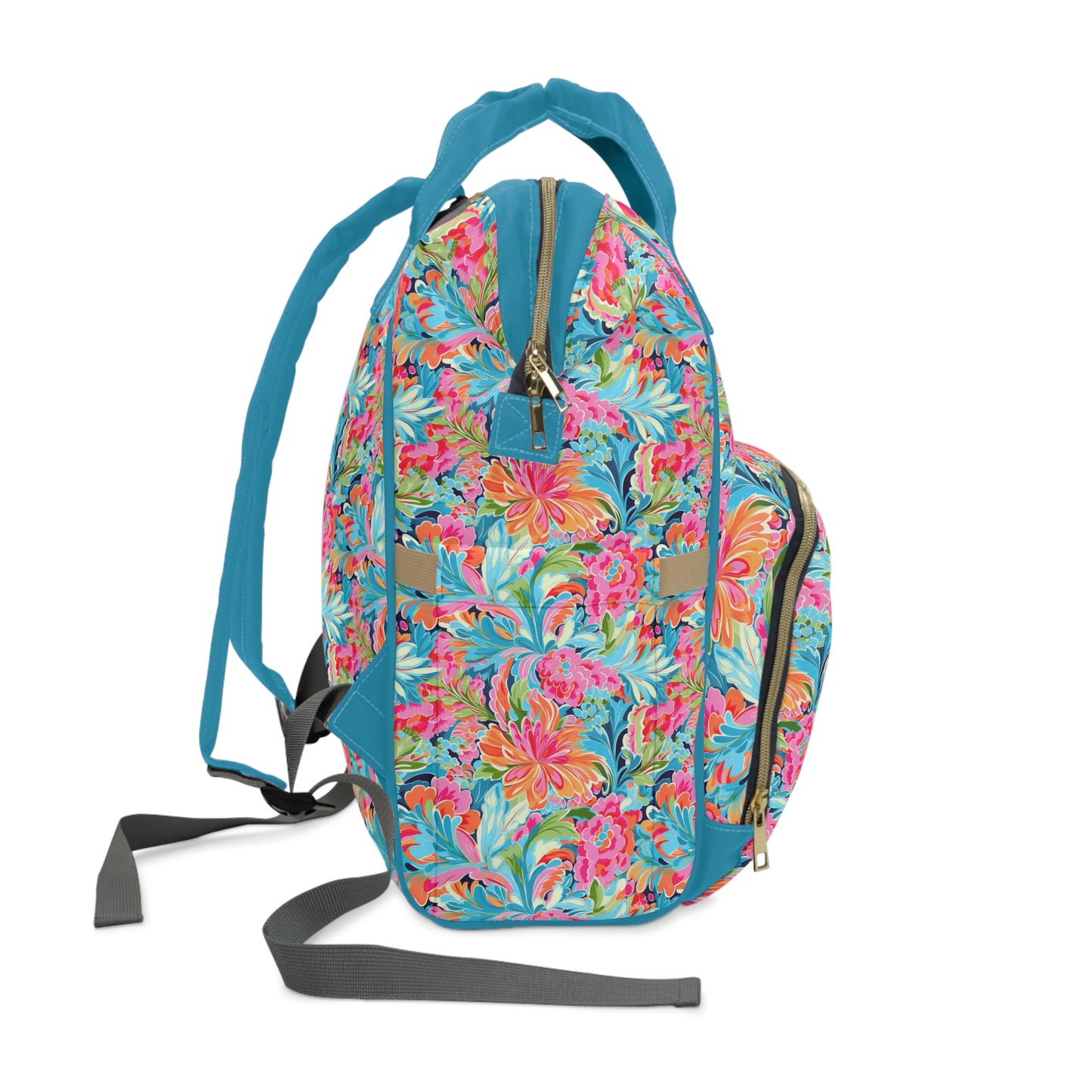 Tropical Radiance: Bursting Summer Blooms in Teal, Orange, and Pink Multifunctional Diaper Backpack