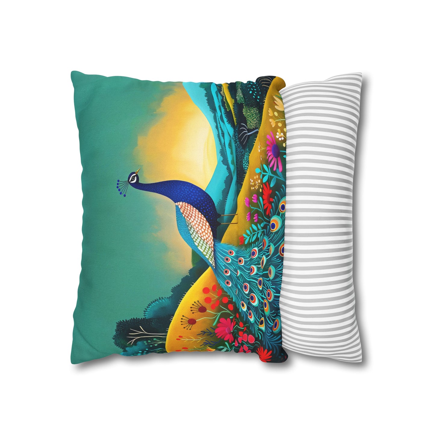 Radiant Peacock with Colorful Enchanted Garden and Sunrise Spun Polyester Square Pillowcase 4 Sizes