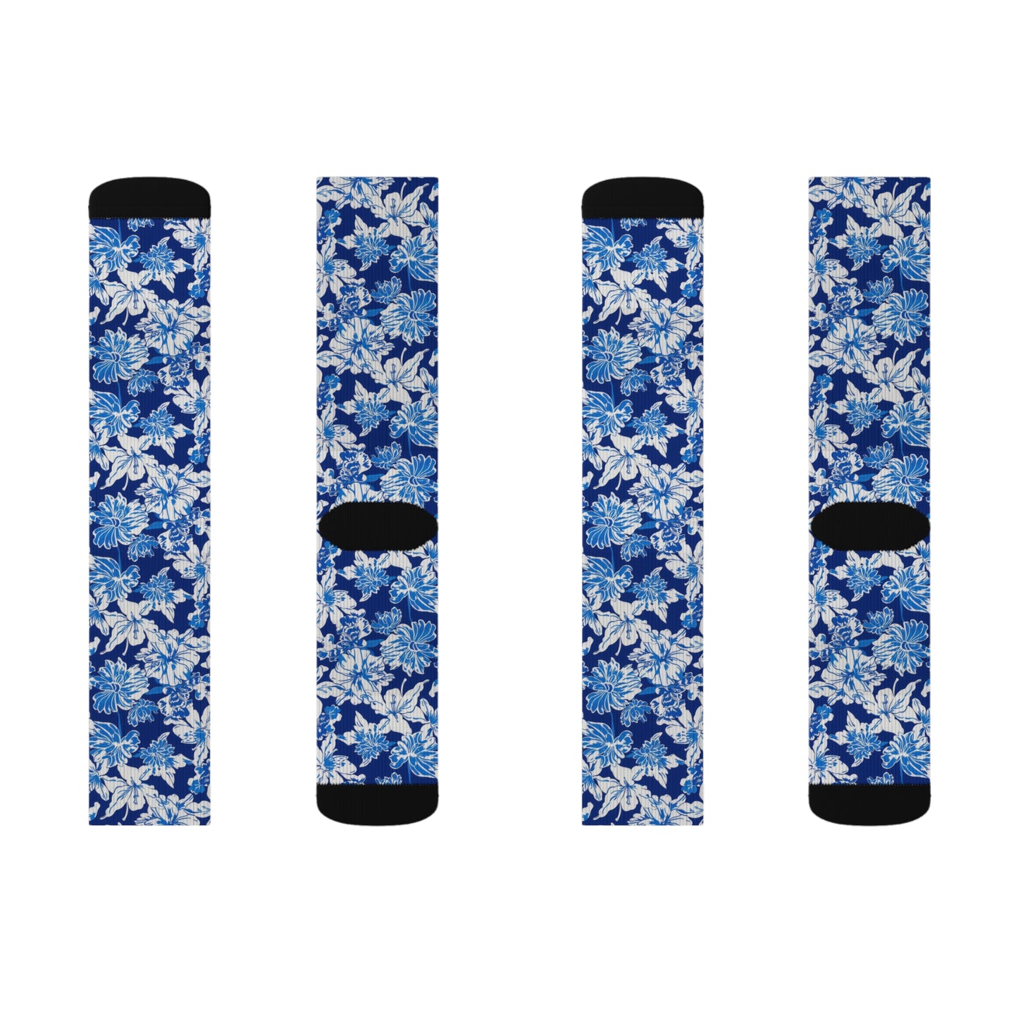 Oceanic Bloom: Watercolor Tropical Flowers in White and Blue against a Deep Blue Background Ribbed Crew Socks