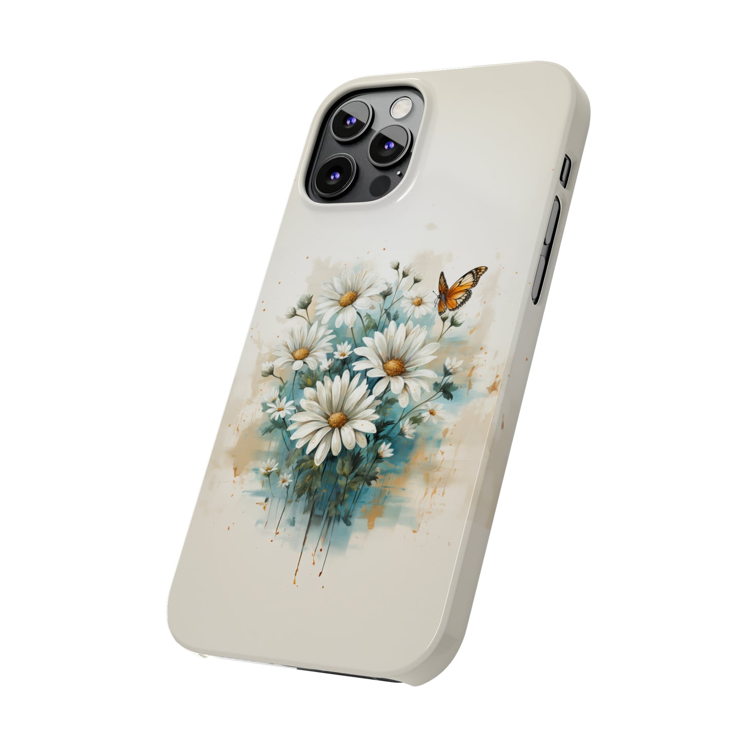 Rustic Farmhouse Teal and White Wild Daisies and Butterflies Iphone 15-12 Slim Phone Case