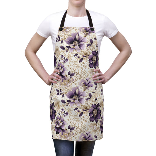 Purple Majesty: Watercolor Floral Design with Gold Foliage Accents- Kitchen Chef Apron