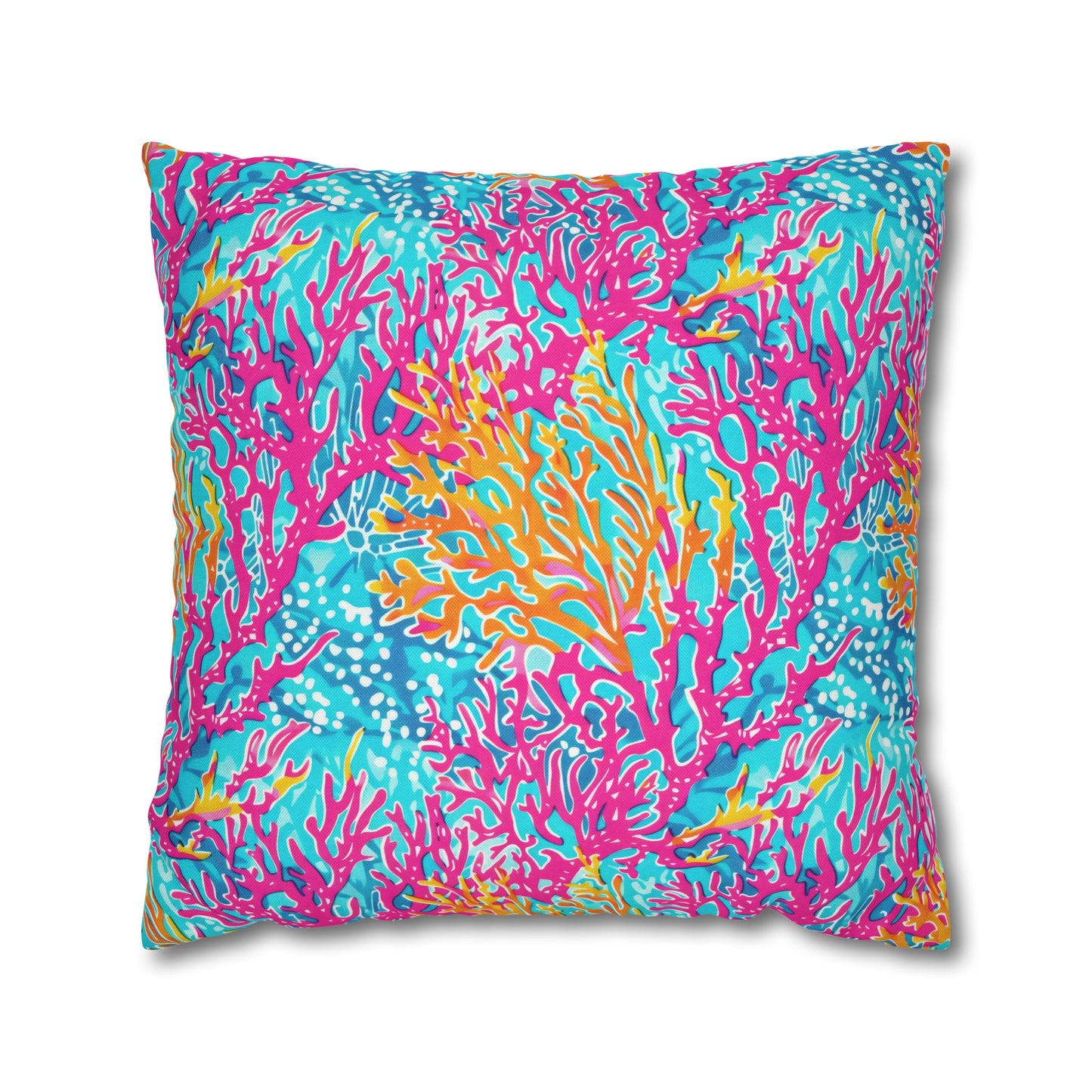 Coral Symphony: Bright Pink, Yellow, and Coral Dancing in the Blue Ocean Spun Polyester Square Pillowcase 4 Sizes