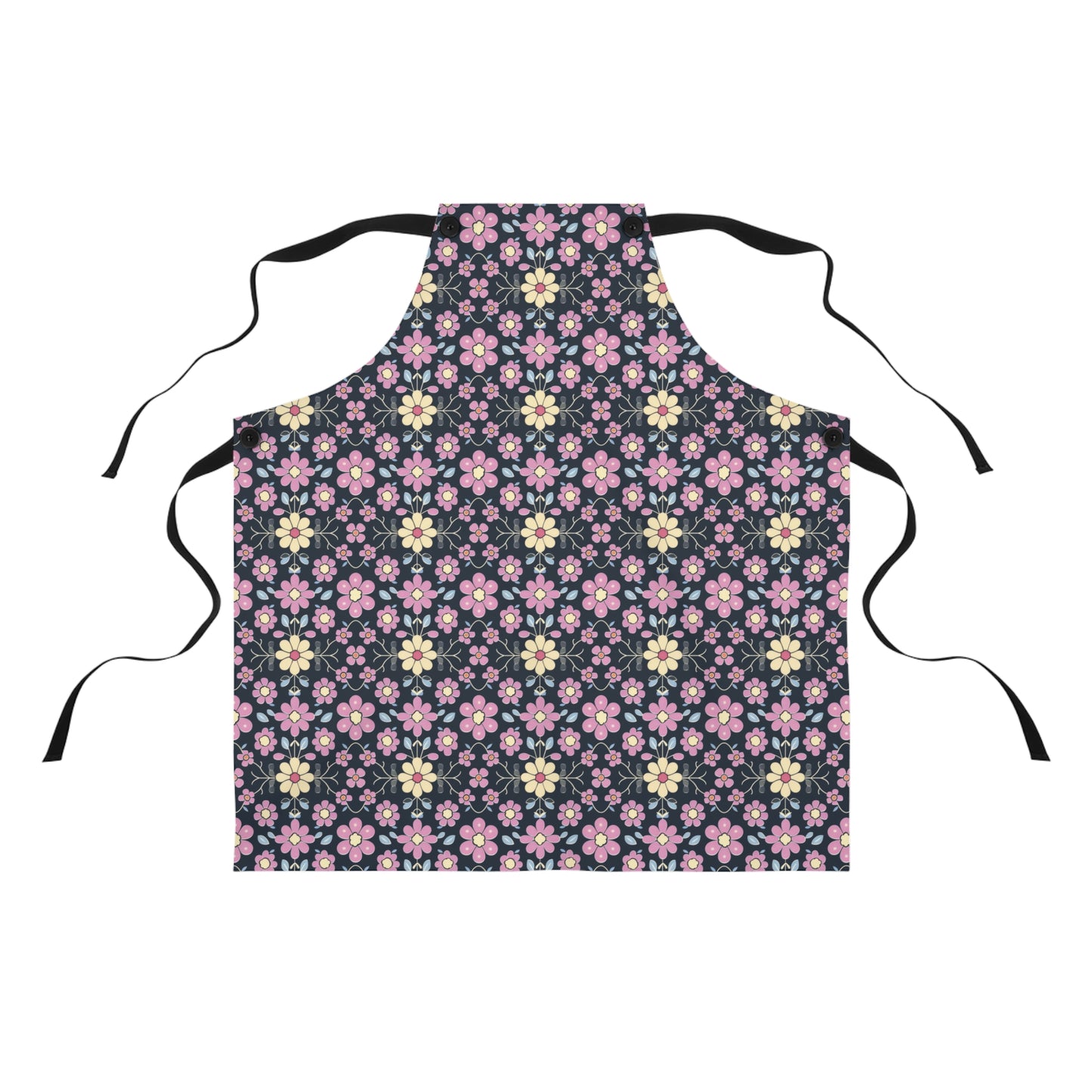 Charming Pastel Pink and Yellow Flowers on Navy Blue Background Kitchen Chef Apron