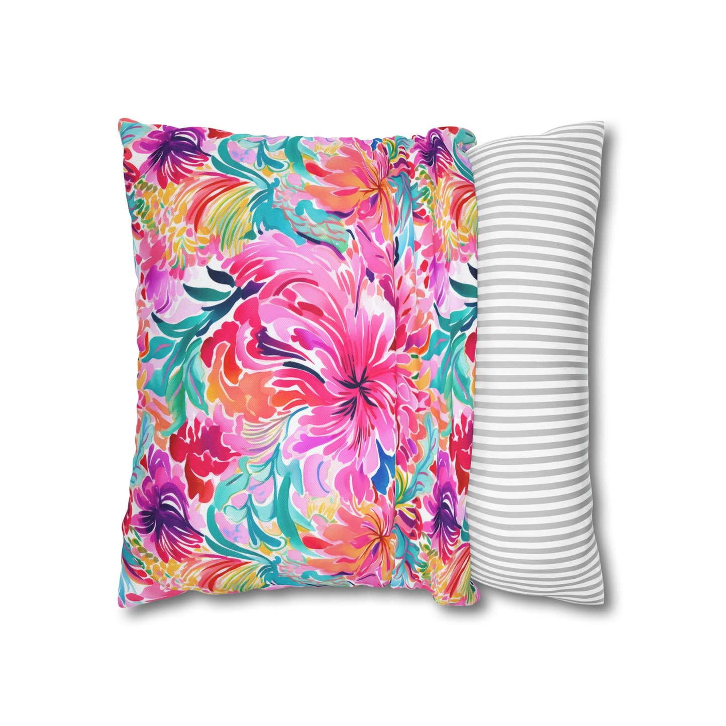 Rainbow Tropics: Watercolor Flowers in Vibrant Pink, Green and Orange Hues Spun Polyester Square Pillowcase 4 Sizes