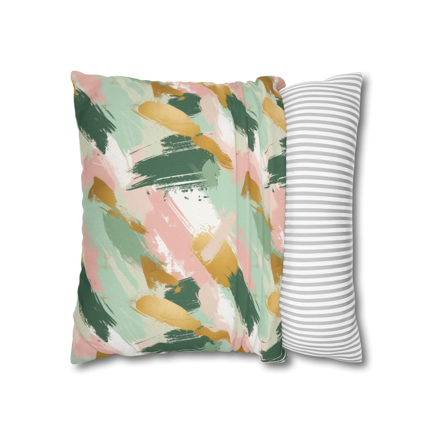 Spring Brushstrokes Abstract in Light Green, Pink, and Gold Spun Polyester Square Pillowcase 4 Sizes