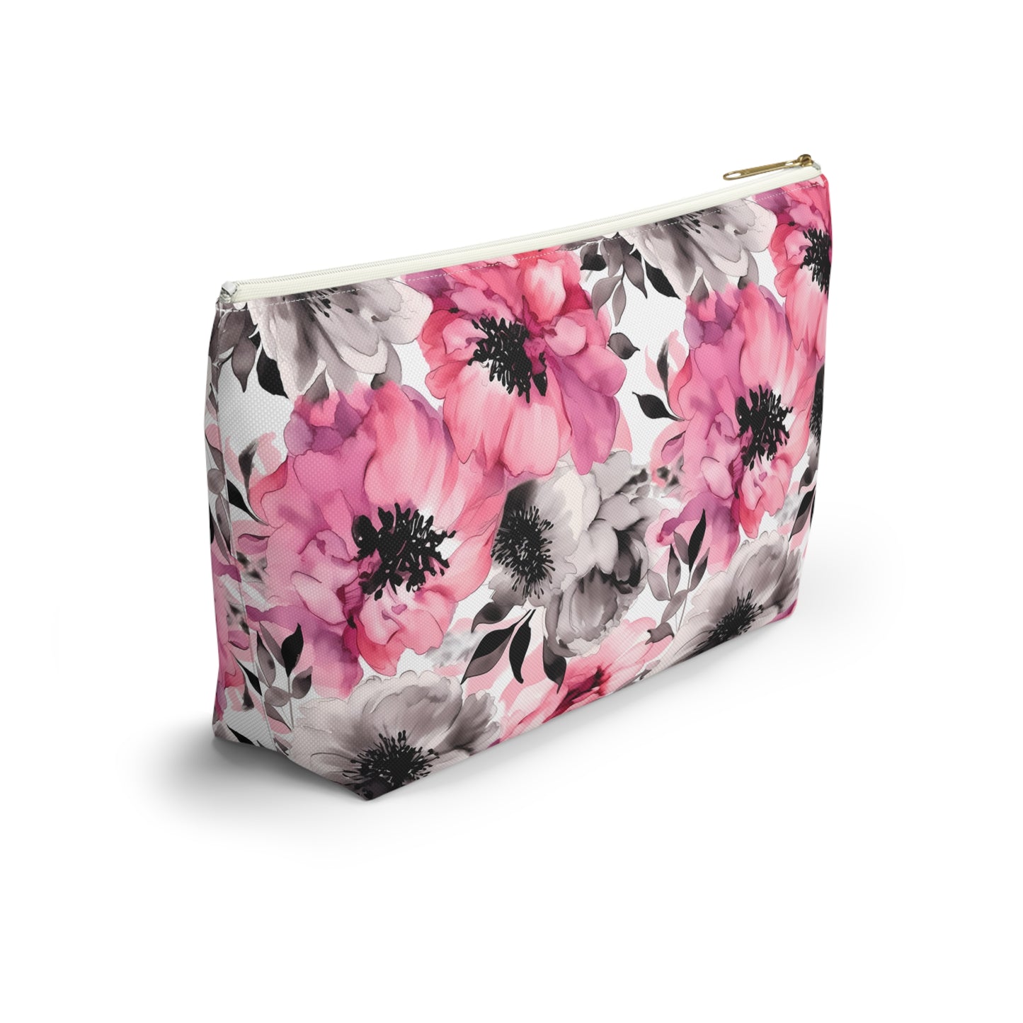 Graceful Elegance: Large Pink and Grey Watercolor Flower Design - Makeup & Accessory Bag 2 Sizes