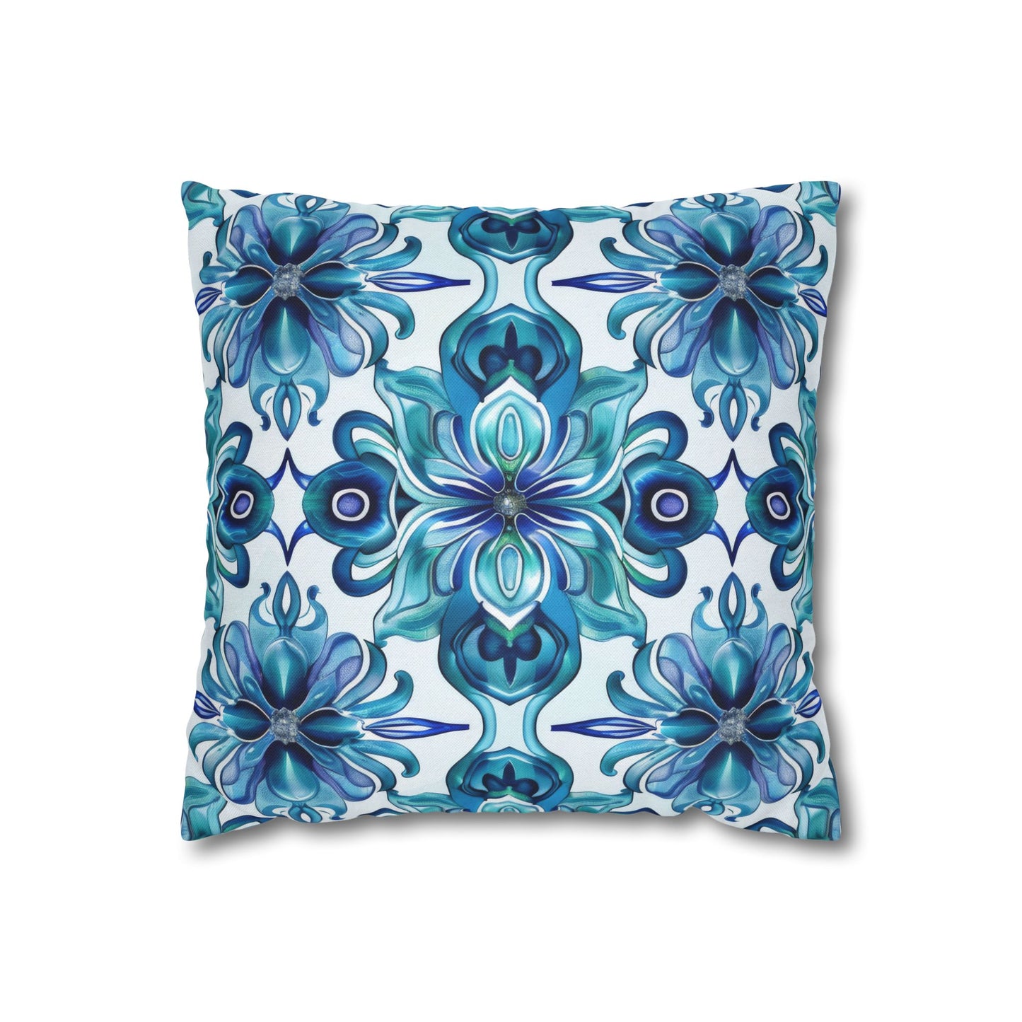 Blossom Symphony of Blue Teal Intricate Floral Pattern Spun Polyester Square Pillowcase 4 Sizes