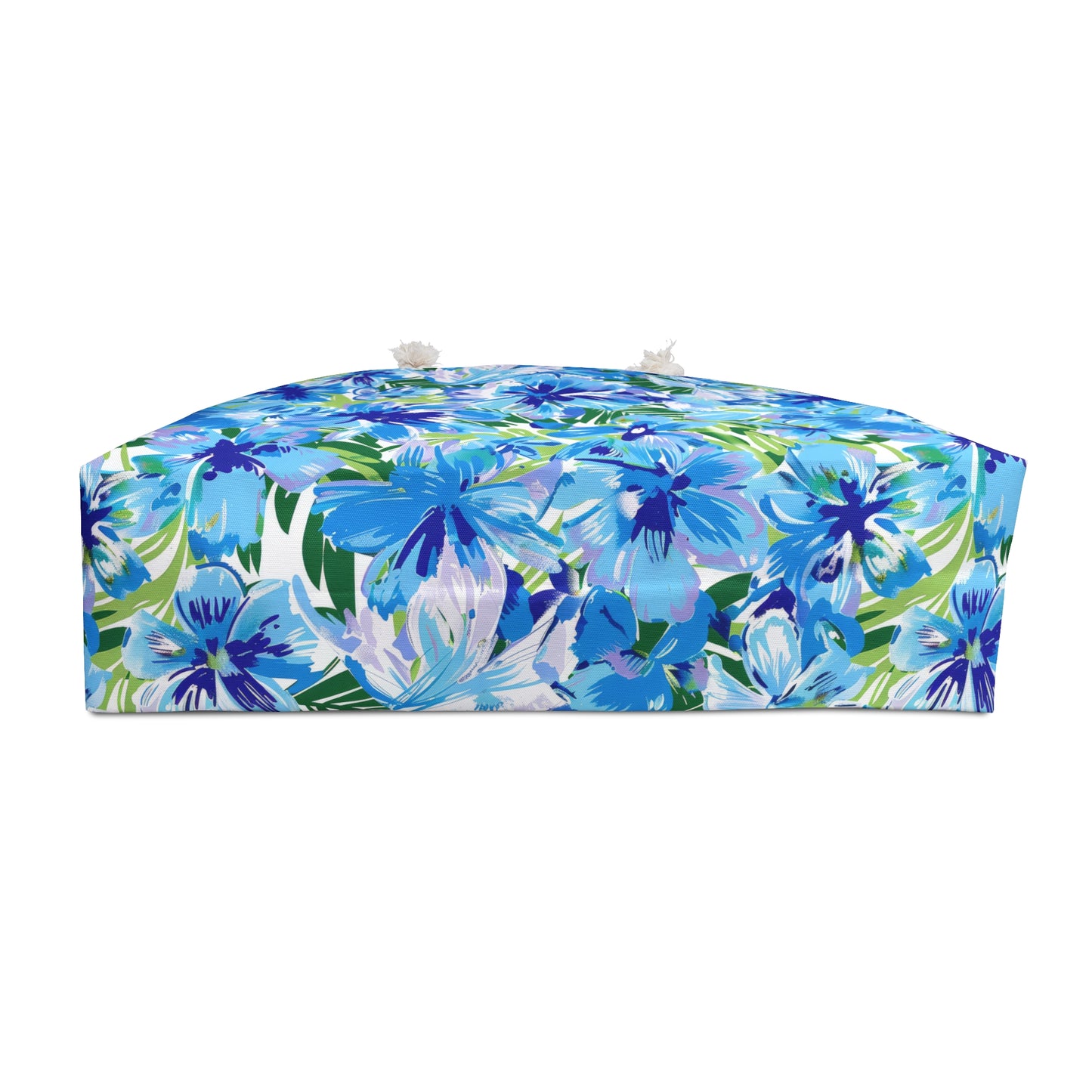 Azure Bloom Oasis: Bright Blue Large Flowers with Lush Green Palm Leaves  Oversized Weekender Bag