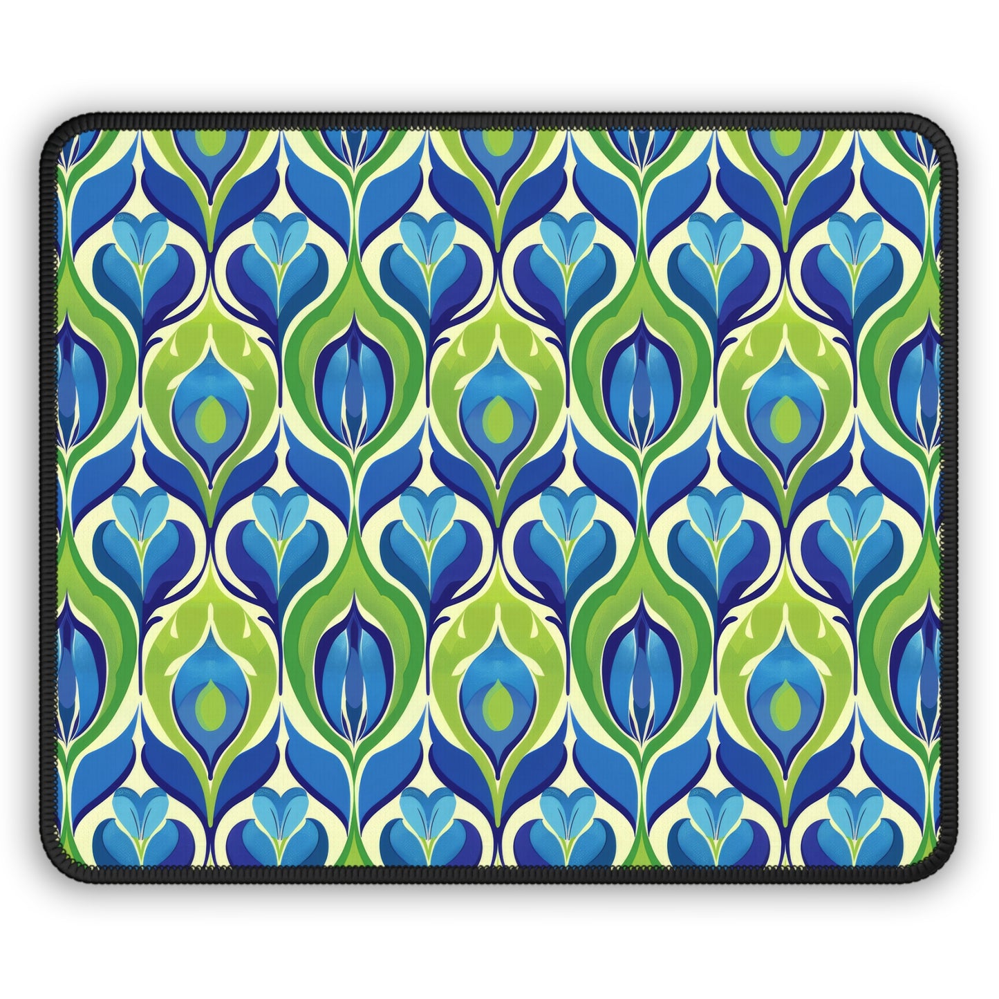 Retro Vibrant Peacock Blue and Green Floral Design Gaming Mouse Pad with Finished Edges