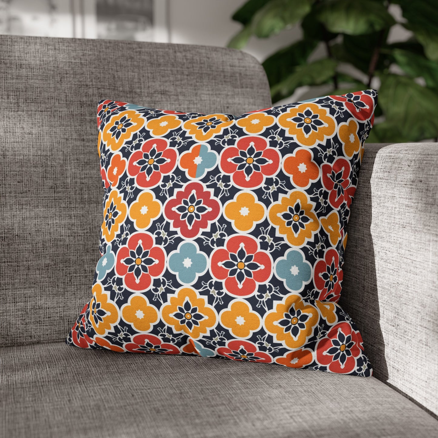 Vibrant Moroccan Orange, Gold and Blue Tile Pattern Spun Polyester Square Pillowcase 4 Sizes