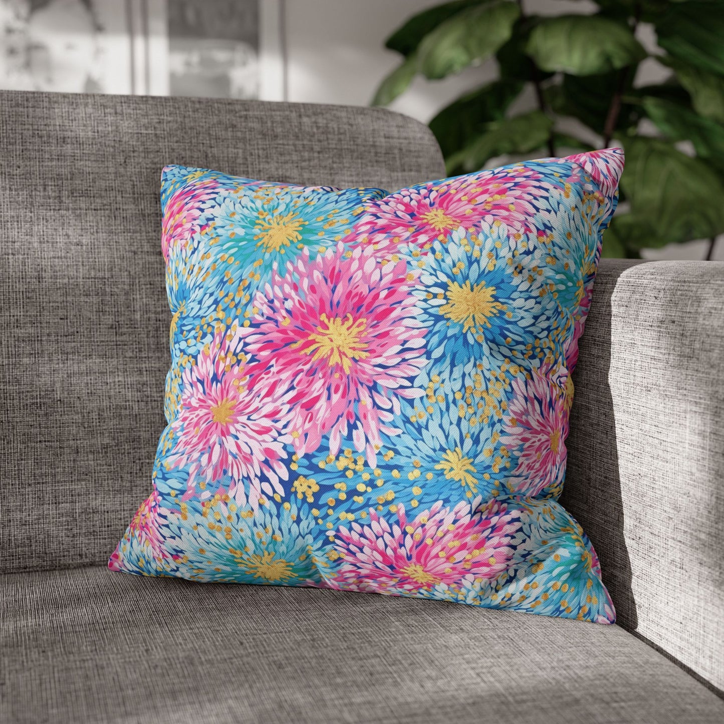 Pastel Harmony: Watercolor Chrysanthemums in Pink, Blue, and Yellow Spun Polyester Square Pillowcase 4 Sizes