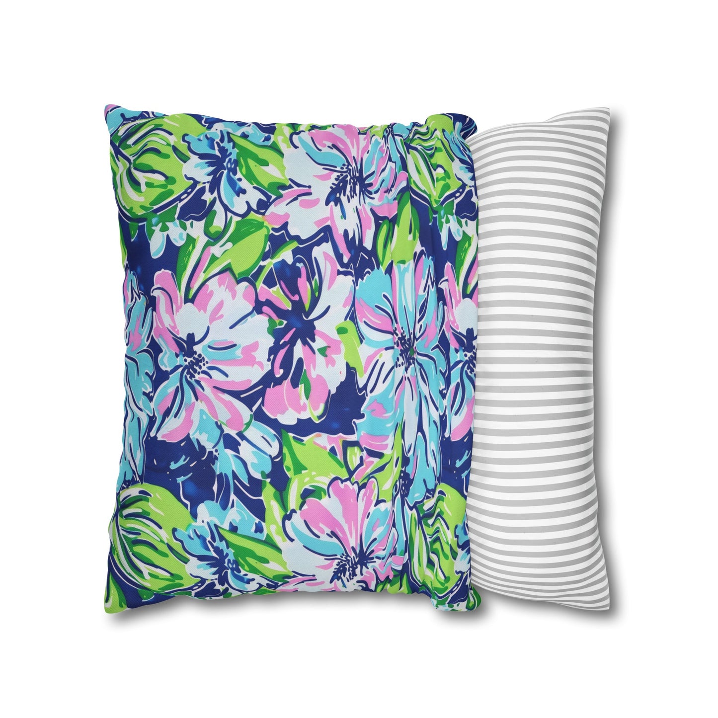 Seaside Coastal Pink, Navy, and Green Tropical Blooms Spun Polyester Square Pillowcase 4 Sizes