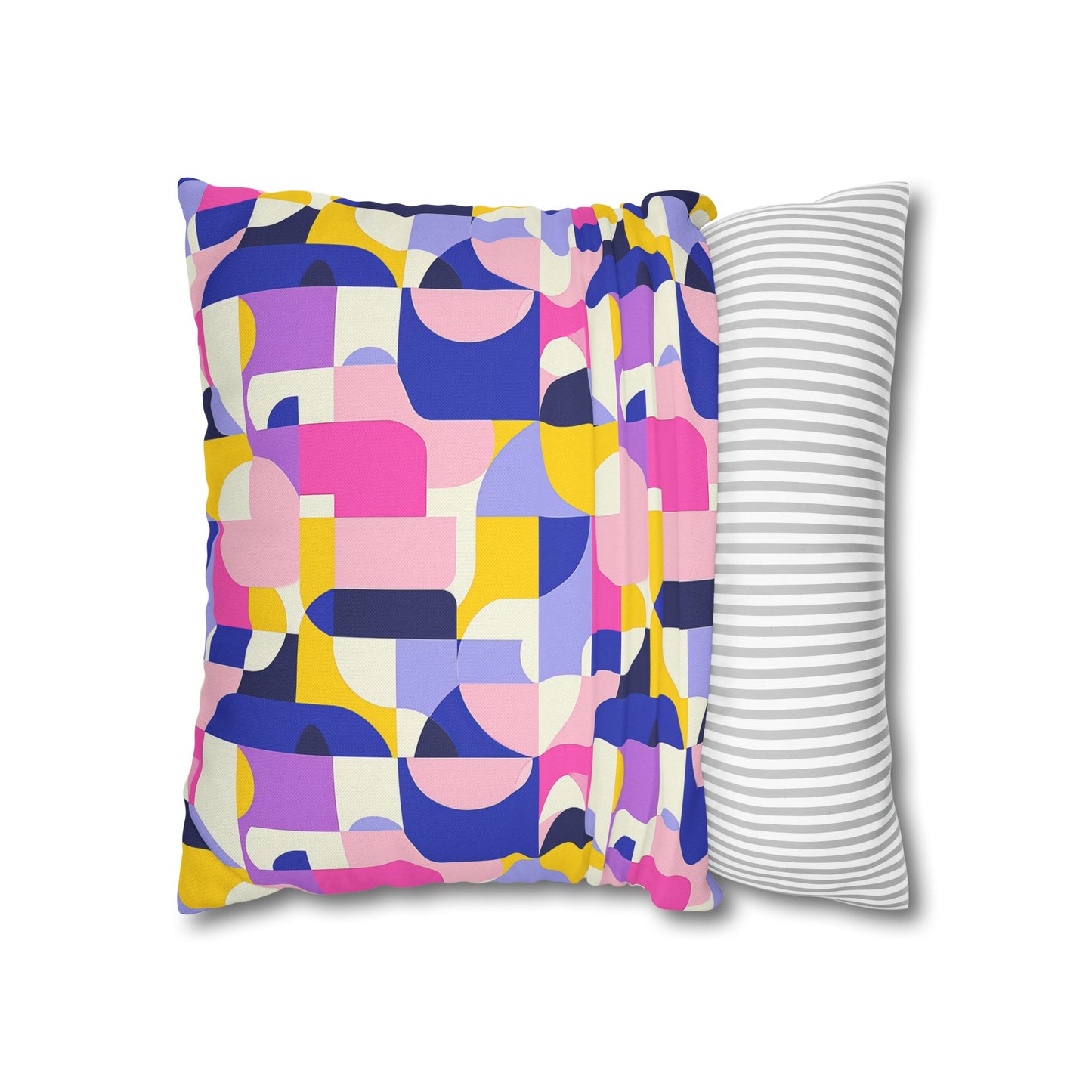 Vibrant Pink, Blue Yellow Color Block Geometric Shapes Spun Polyester Square Pillowcase 4 Sizes