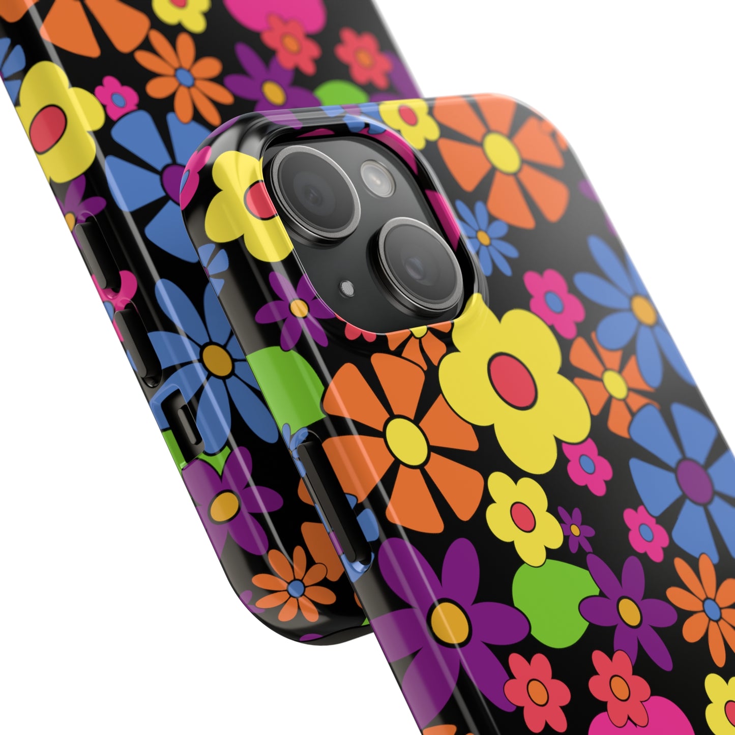 Flower Power Design on Black Background Iphone Tough Phone Case