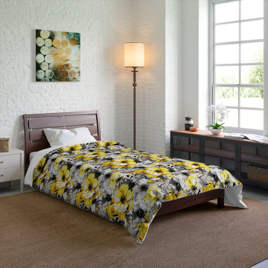 Soothing Radiance: Large Yellow and Grey Watercolor Flower Design - Comforter 4 Sizes