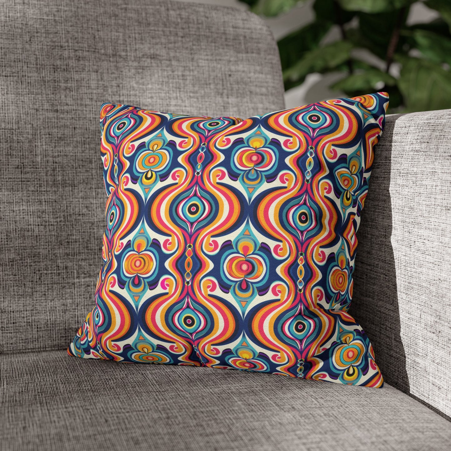 Vibrant Retro Waves with Colorful Geometric Pattern Spun Polyester Square Pillowcase 3 Sizes