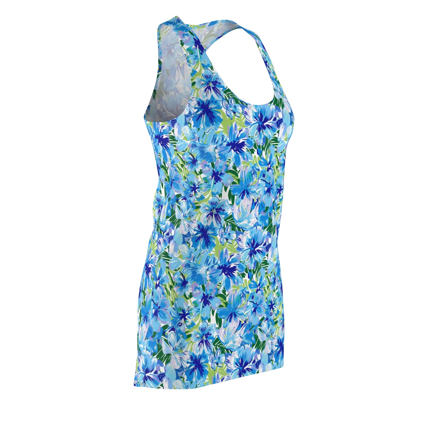 Azure Bloom Oasis: Bright Blue Large Flowers with Lush Green Palm Leaves Women's Racerback Dress XS - 2XL