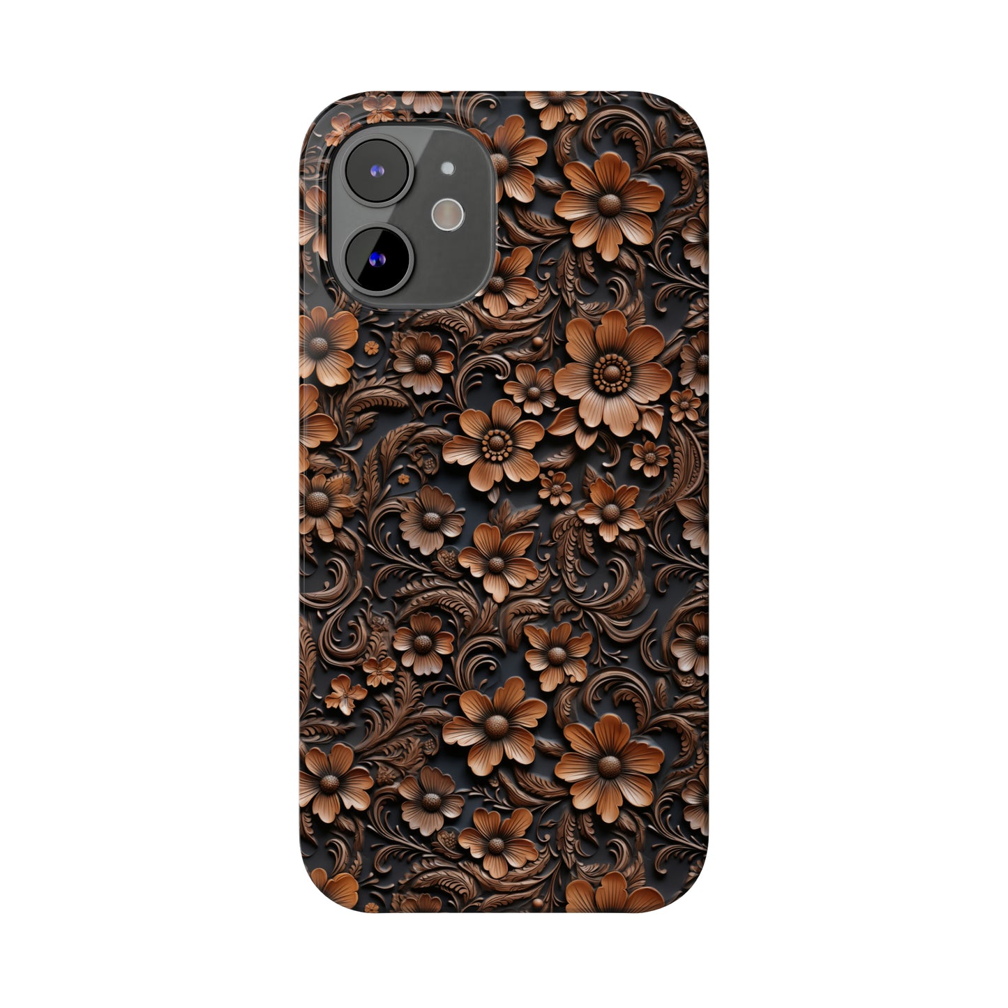 Tooled Deep Brown Leather Flowers Print Design Iphone 15-12 Slim Phone Case