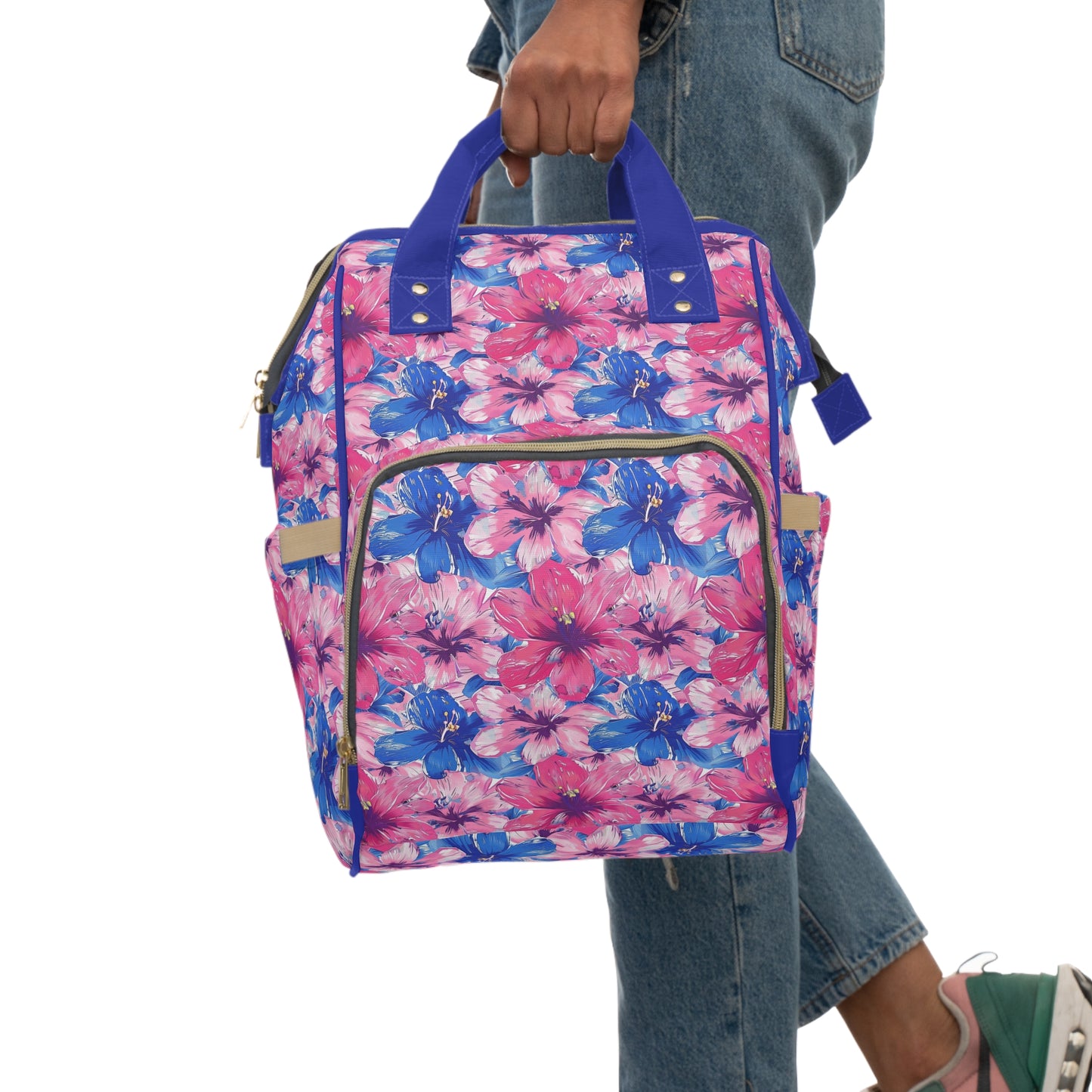 Blooming Bliss: Large Pink and Blue Blossoms in Full Bloom Multifunctional Diaper Backpack