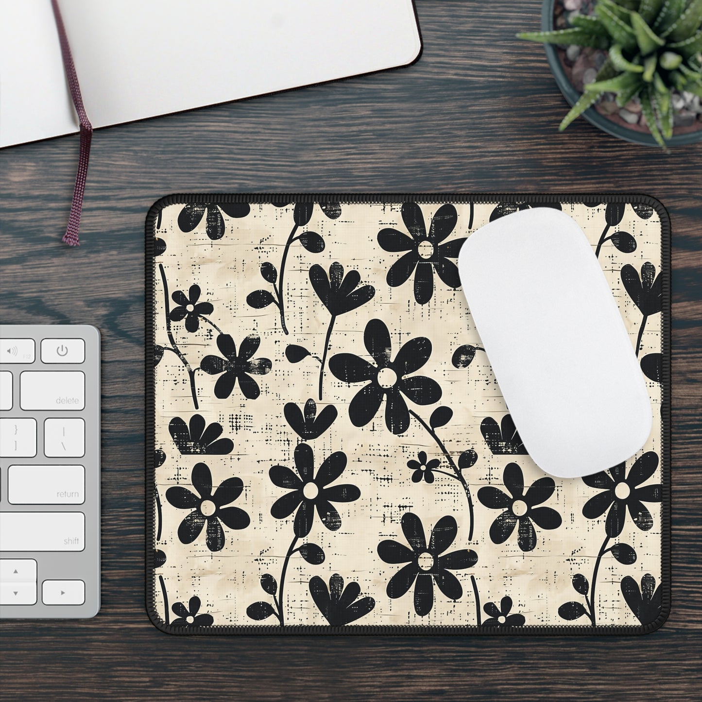 Distressed Black Floral on Beige Background Gaming Mouse Pad with Finished Edges