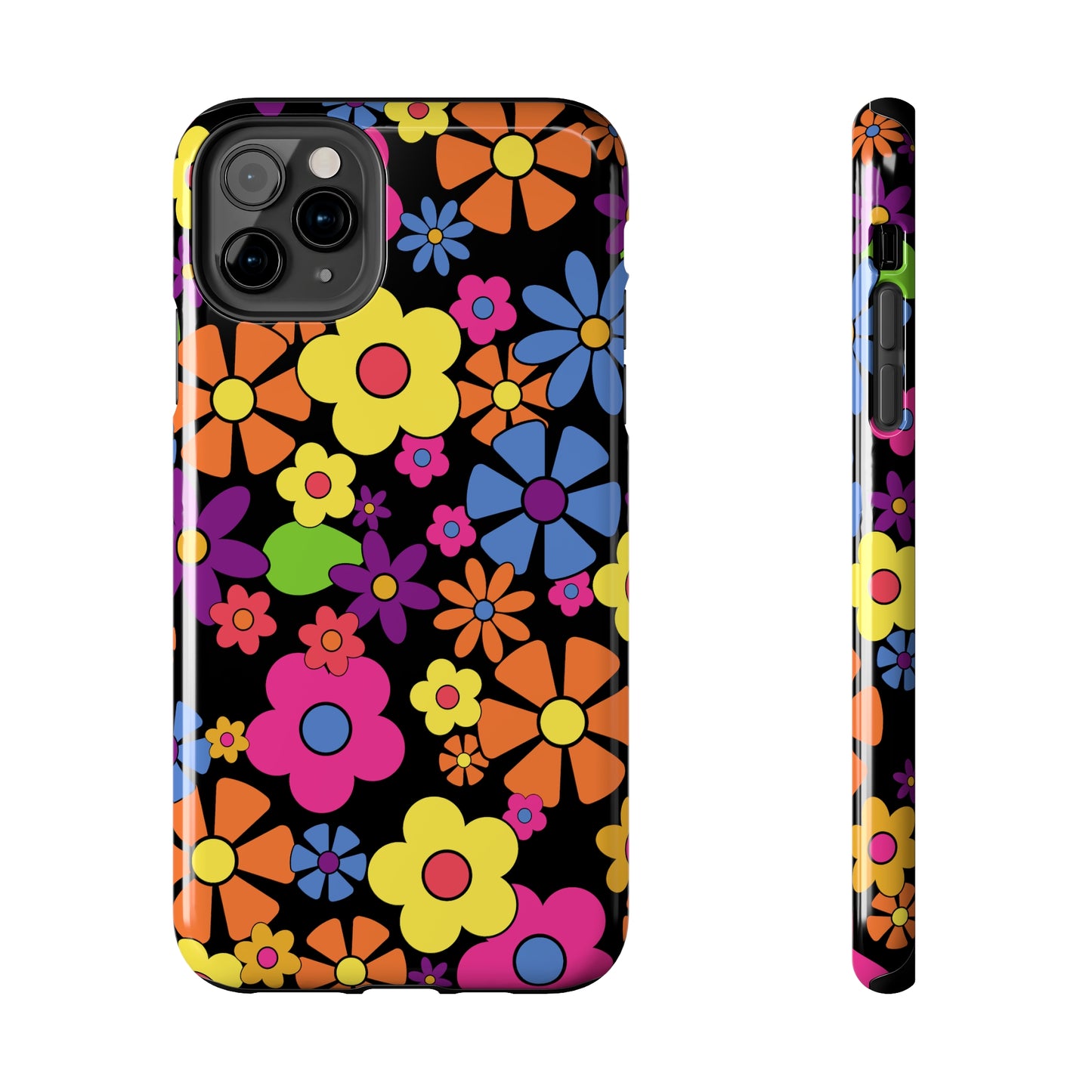 Flower Power Design on Black Background Iphone Tough Phone Case