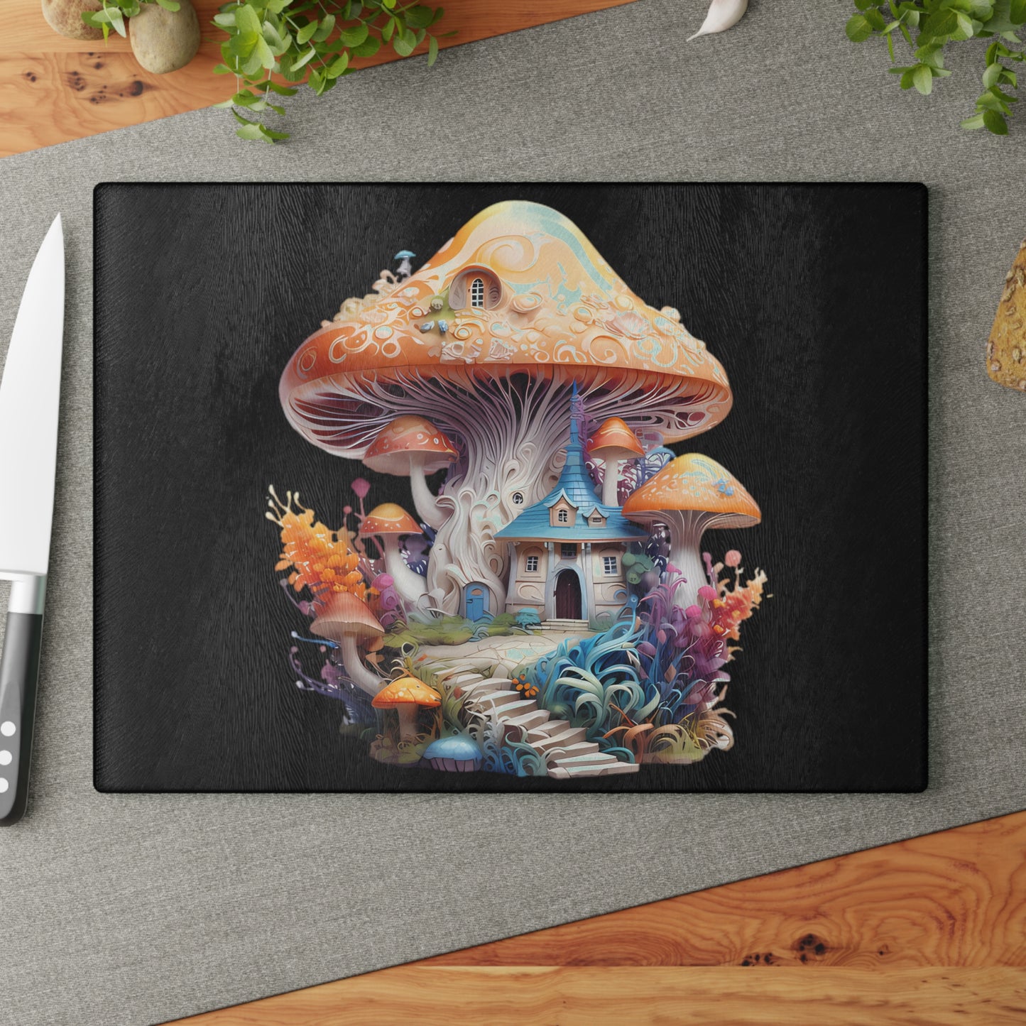 Fairytale Mushroom 2 Story Cottage Home with Black Background - Glass Cutting Board  8" x 11" and 11" x 15"