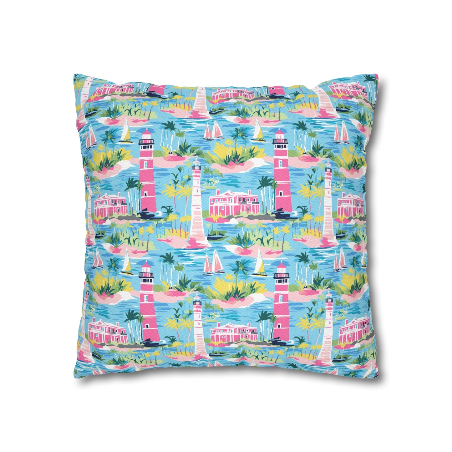 Coastal Charms: Sailboats and Lighthouses Adorning the Coastline Spun Polyester Square Pillowcase 4 Sizes