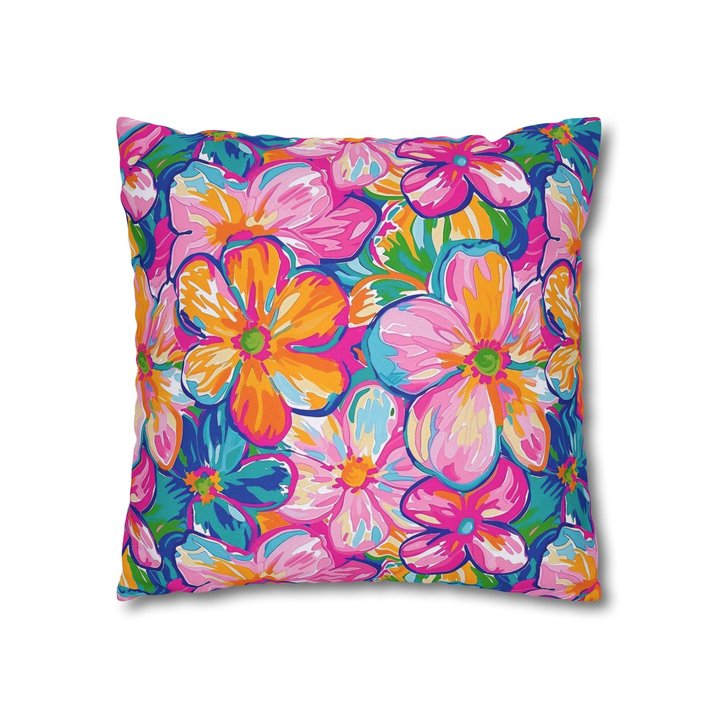 Chromatic Blossoms: Large Watercolor Flowers in Mixed Pinks, Blues, and Oranges Spun Polyester Square Pillowcase 4 Sizes