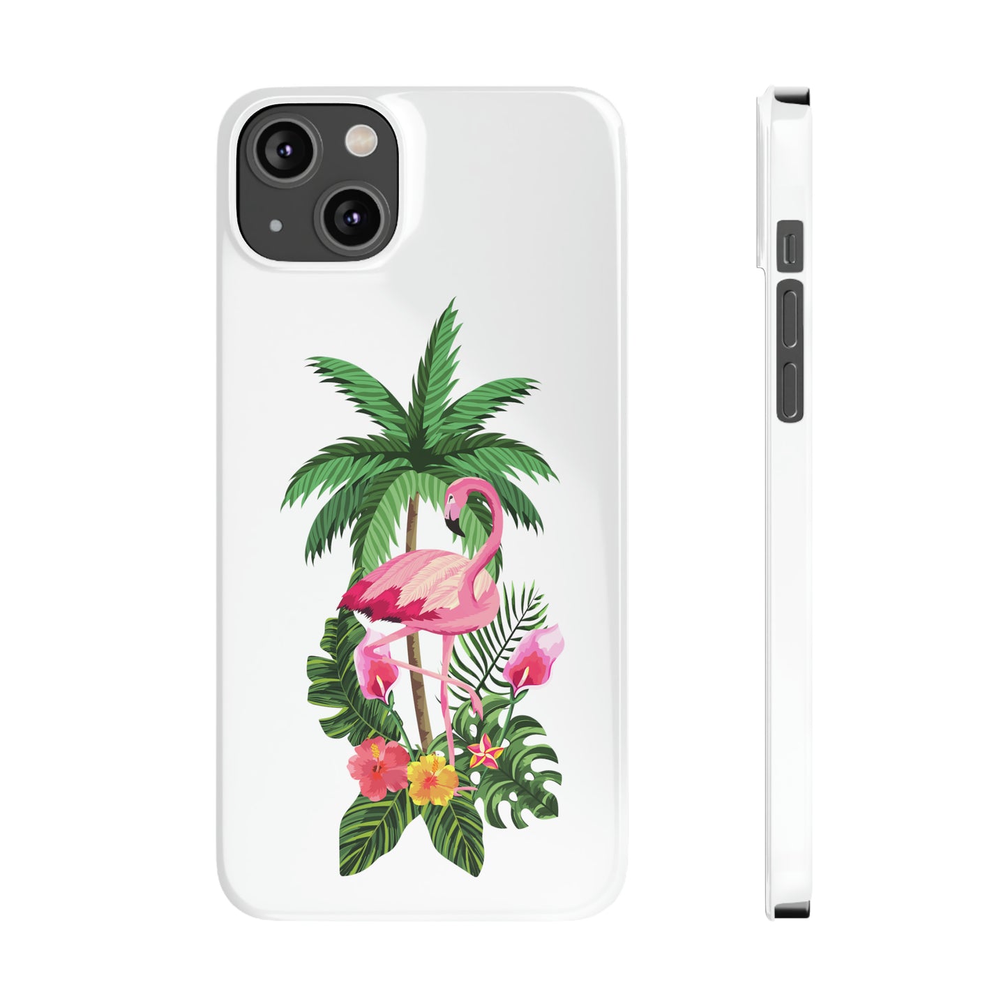 Tropical Pink Flamingo and Flowers White Background Iphone 15-12 Slim Phone Case