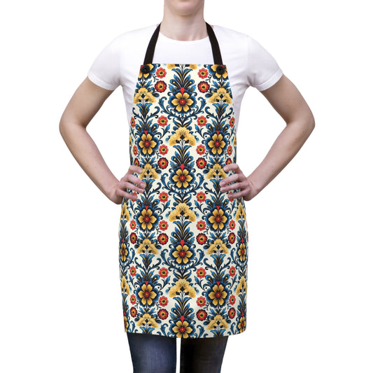 Baroque Blossom of Floral Elegance in Deep Blues and Sunny Yellows Kitchen Chef Apron