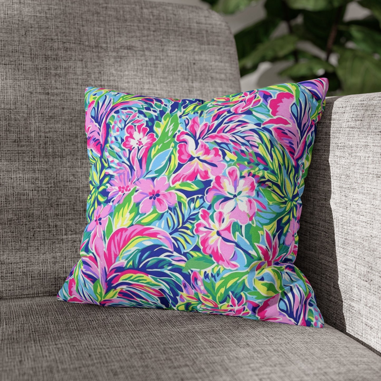 Tropical Serenity: Pink, Green, and Blue Watercolor Floral Delight Spun Polyester Square Pillowcase 4 Sizes