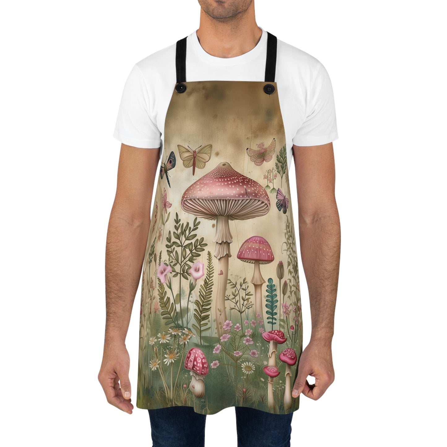 Botanical Wonderland: Mushrooms, Flowers, and Butterflies Flourishing in a Garden Kitchen Chef Apron