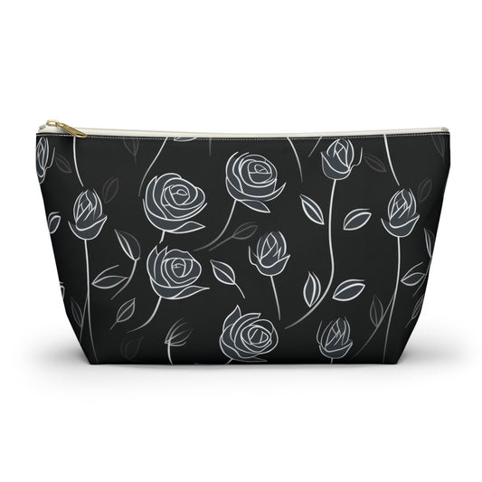 Contrasting Elegance: White Outlined Roses on a Black Background  - Makeup & Accessory Bag 2 Sizes